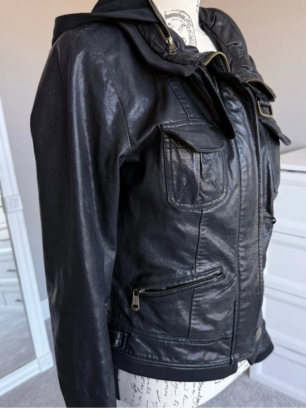 Black Andrew Marc Genuine Leather Moto Utility Jacket - Small w/ Hood - Picture 6 of 12